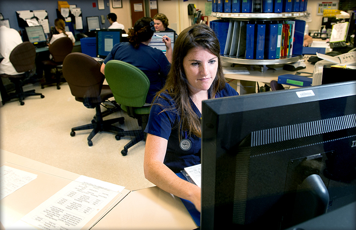 A Barnes-Jewish Hospital employee uses the new Epic database