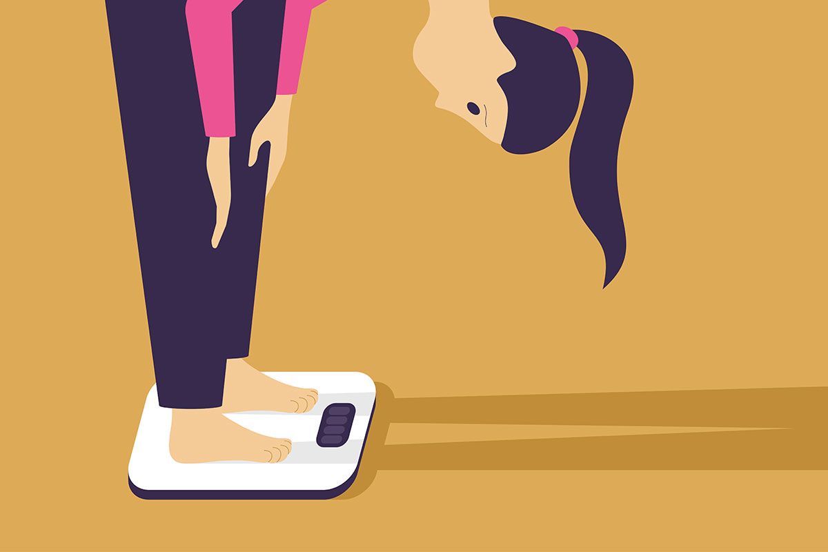 illustration of a woman standing on a scale and bending over to read the number