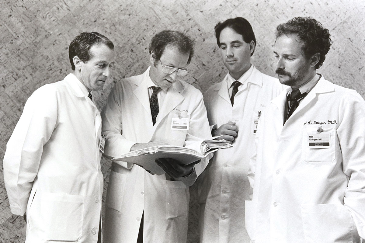 Members of the early lung-transplant team at Barnes-Jewish Hospital included (from left to right): Washington University Physicians Elbert Trulock, MD; Joel Cooper, MD; John Frattini, MD; and Neil Ettinger, MD.