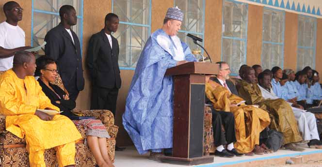 Lewis Wall, MD (center), addresses the crowd at the grand opening of the Danja Fistula Center in Niger, Africa.